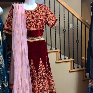 Maroon and pink embroidery lehenga